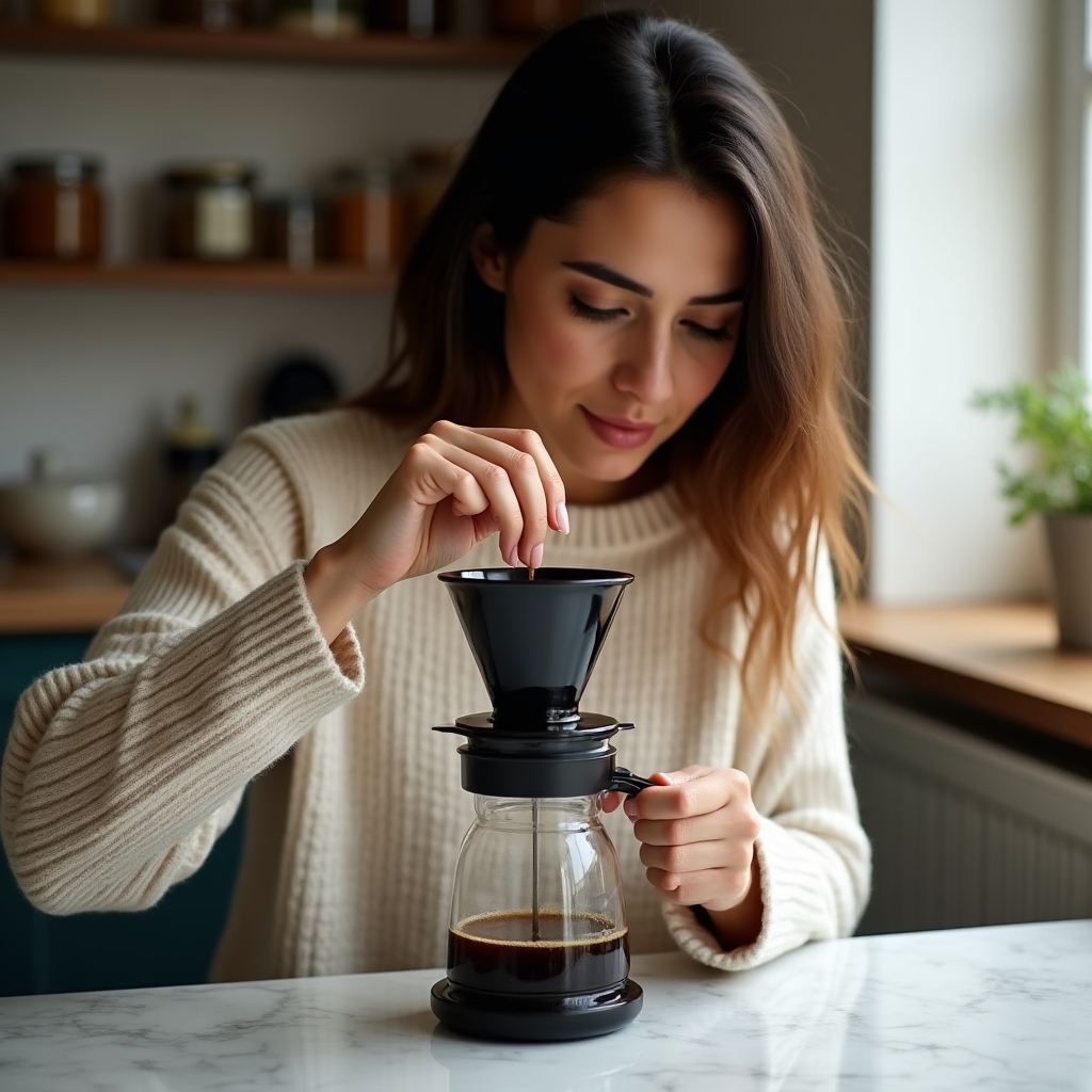 Aeropress siendo presionado manualmente sobre una taza de vidrio