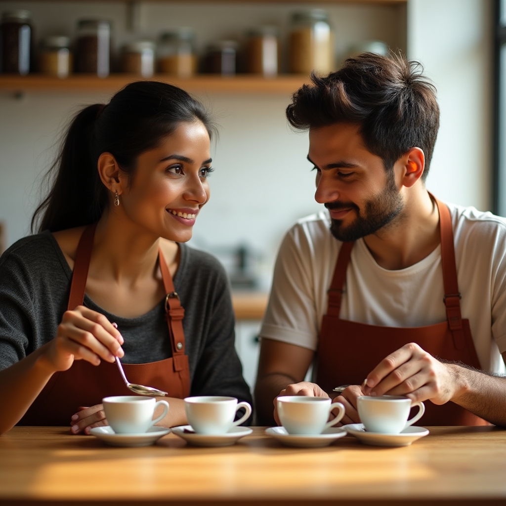 Dos personas realizando una cata comparativa de café en una mesa de madera con varias tazas