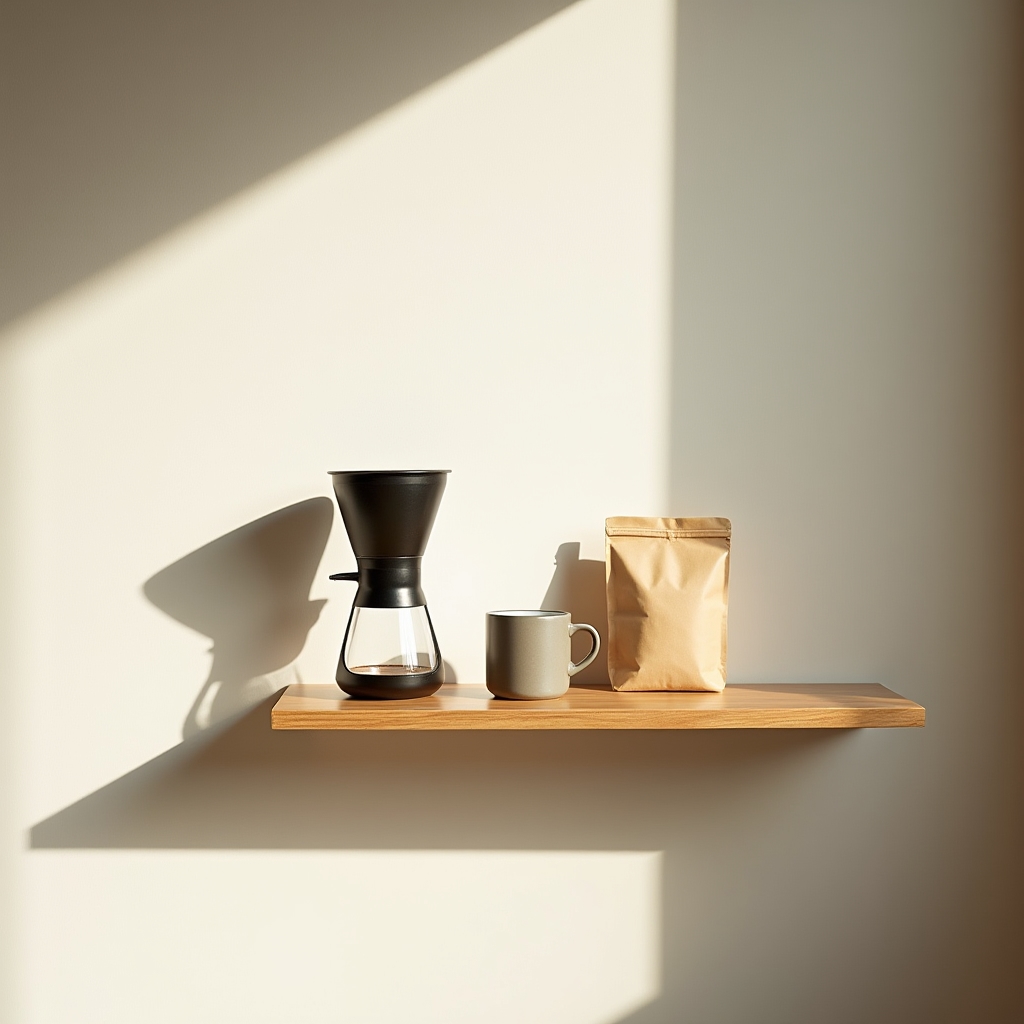 Rincón cafetero minimalista en un departamento pequeño con una sola cafetera y taza