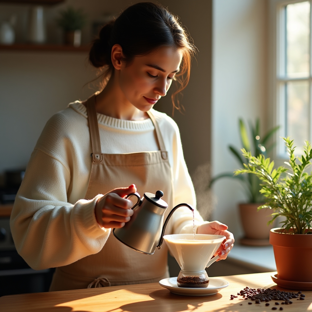Persona vertiendo agua caliente sobre un filtro V60 en una cocina luminosa