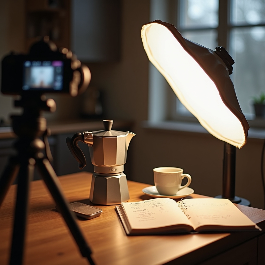 Espacio de grabación con cafetera moka y cámara enfocando la preparación