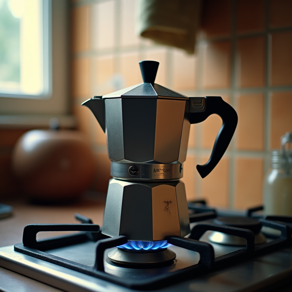 Cafetera moka italiana sobre una hornalla con vapor saliendo del pico