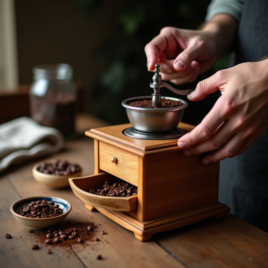 Molinillo de café manual moliendo granos sobre una mesada de madera