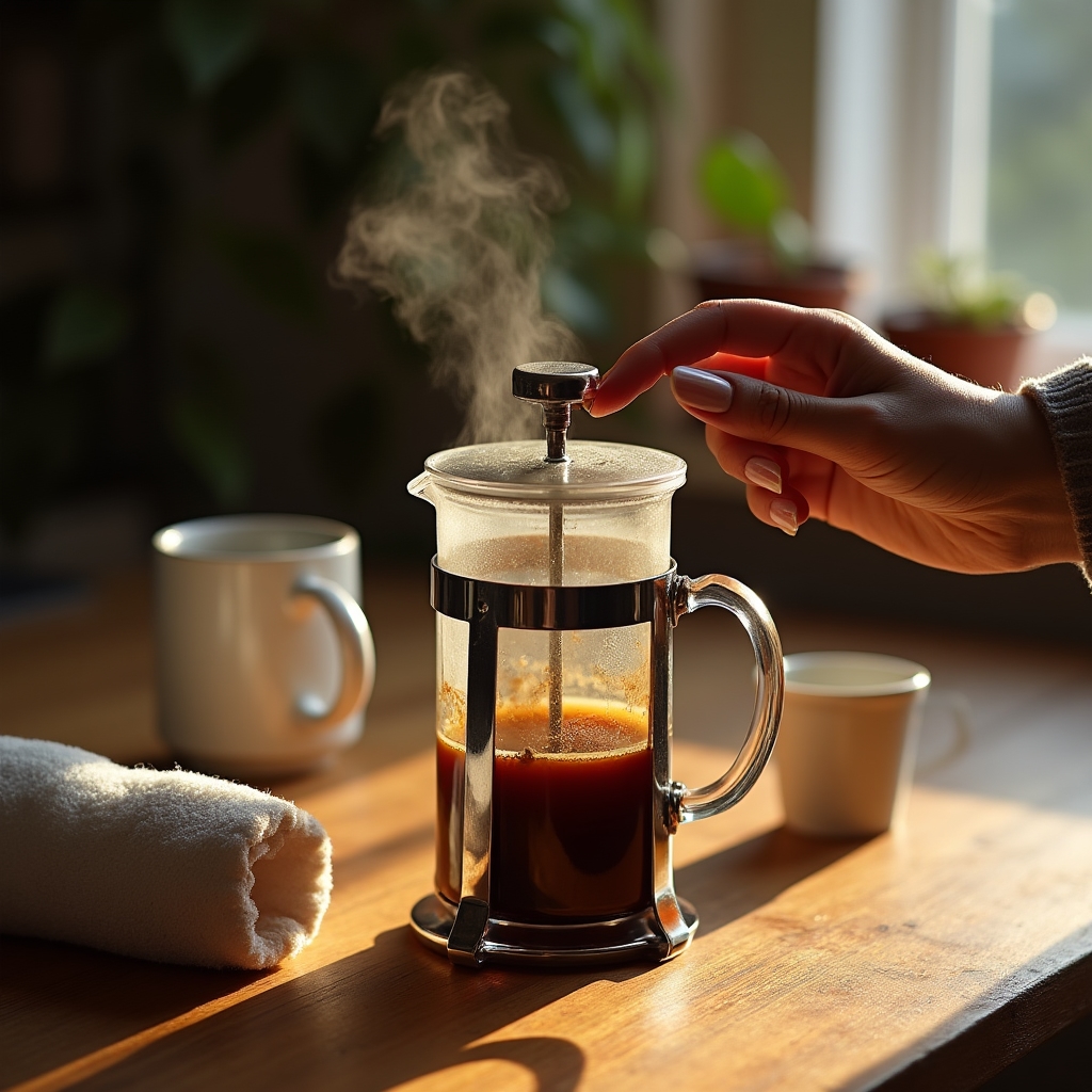 Prensa francesa de vidrio con café recién preparado sobre una mesa de madera