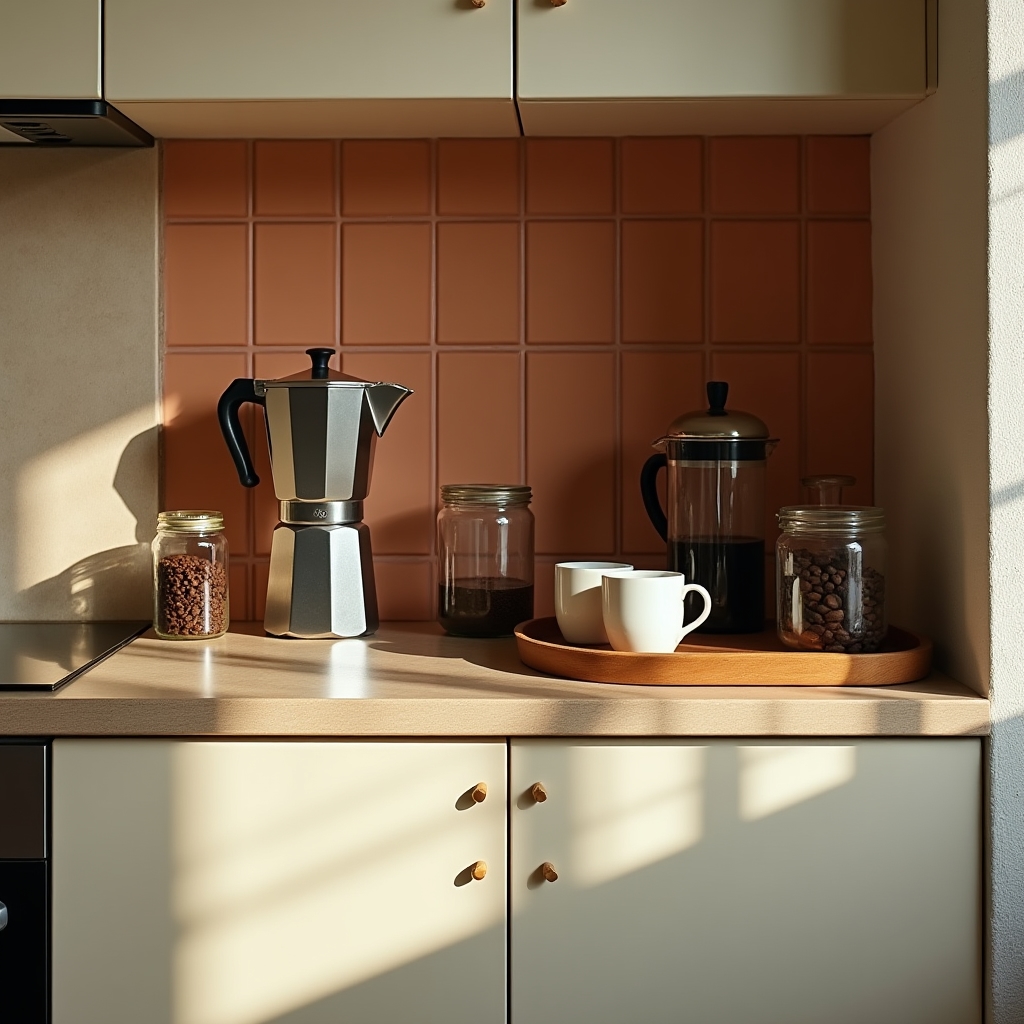 Rincón cafetero organizado en una cocina pequeña con cafeteras y tazas